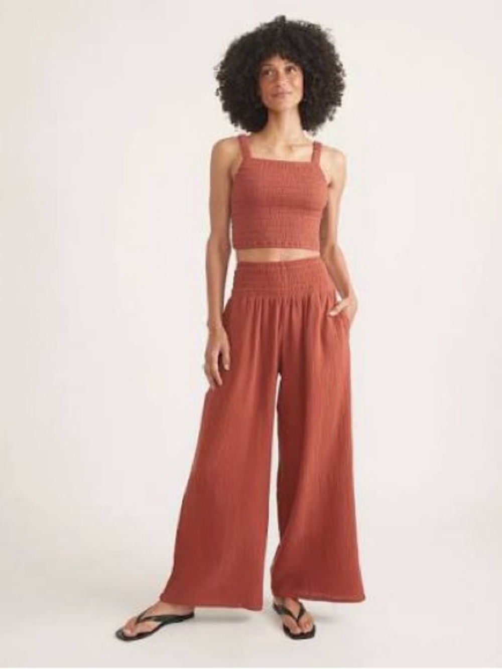 Marine Layer Wide-Leg Smocked Waist Pants in Rust